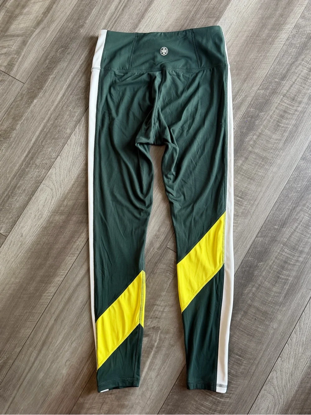 Tory Burch Sport High-Rise Weightless Color Block Leggings Green/Yellow Size M